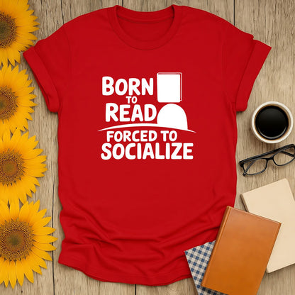 Born to Read t-shirt designed for book lovers, featuring humorous slogan on a red background, made of breathable cotton.