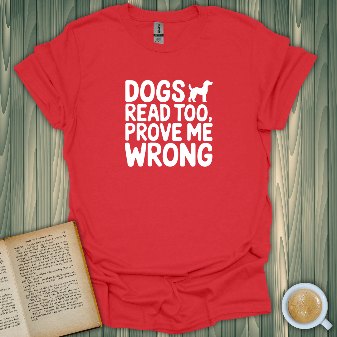 Dogs Read Too t-shirt in red, perfect for book lovers who adore their furry friends. Made from breathable cotton.