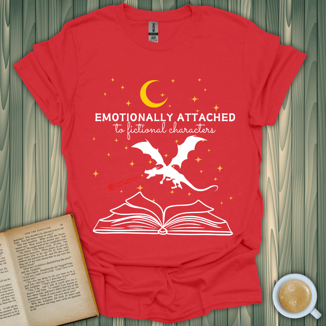 Fictional Characters T-Shirt for book lovers, featuring a dragon graphic, 100% cotton, unisex fit, bright red color.