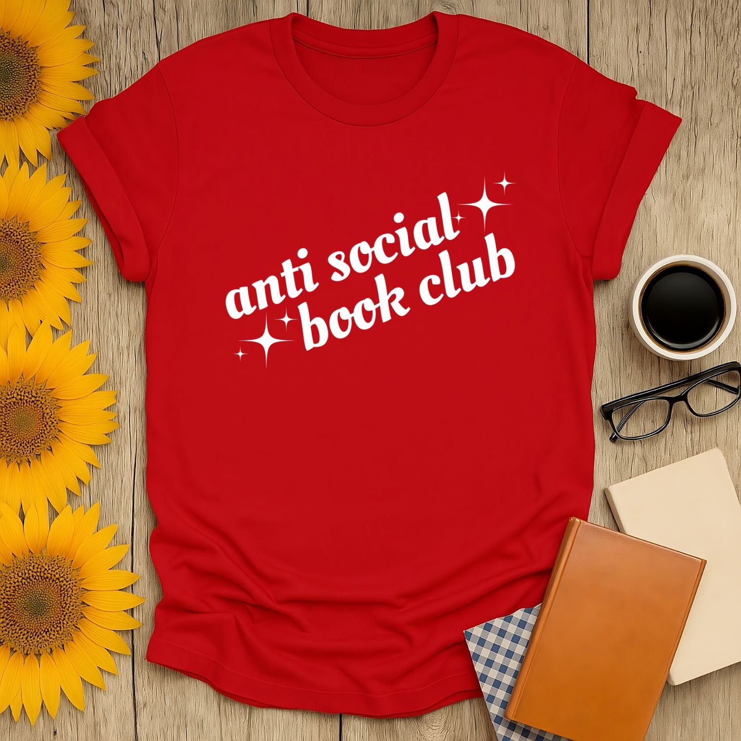 Anti Social Book Club t-shirt in red with playful text; perfect cozy gift for cat, coffee, or tea-loving bookworms.