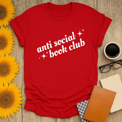 Anti Social Book Club t-shirt in red with playful text; perfect cozy gift for cat, coffee, or tea-loving bookworms.