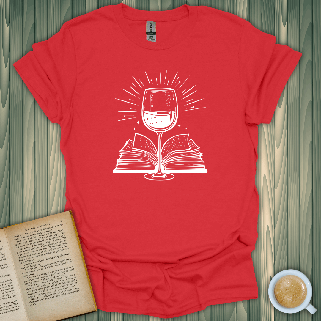 Literary Libations T-Shirt featuring a wine glass over an open book, perfect for book lovers.