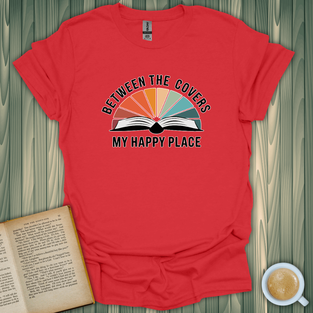 My Happy Place T-Shirt in coral, featuring colorful book graphic, perfect for book lovers and casual wear.