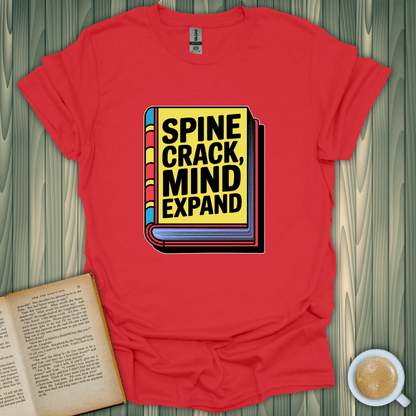 Spine Crack, Mind Expand T-Shirt in red, perfect for book lovers, made of soft ring-spun cotton and ideal for casual wear.