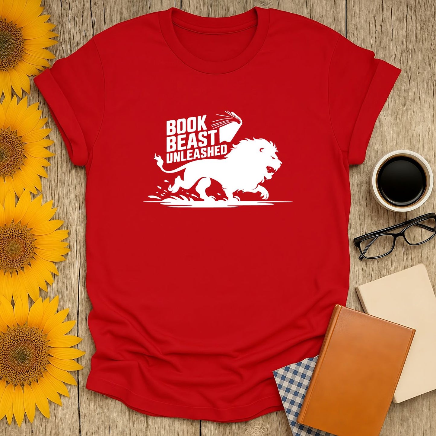 Funny reading tee featuring a roaring lion with text 'Book Beast Unleashed' – perfect for book lovers who adore cats!