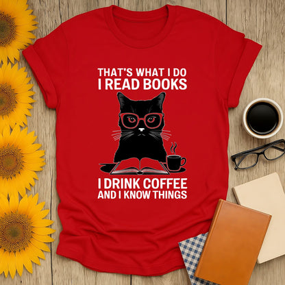 Red Coffee & Cat Wisdom T-Shirt featuring a cat with glasses, perfect for book lovers. 100% cotton, unisex fit.