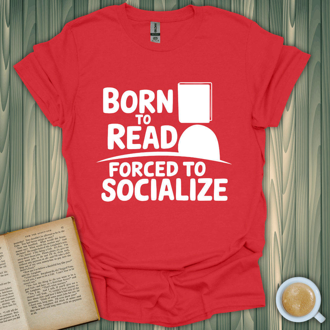 Born to Read t-shirt for book lovers, vibrant red fabric with humorous quote, perfect gift for avid readers.