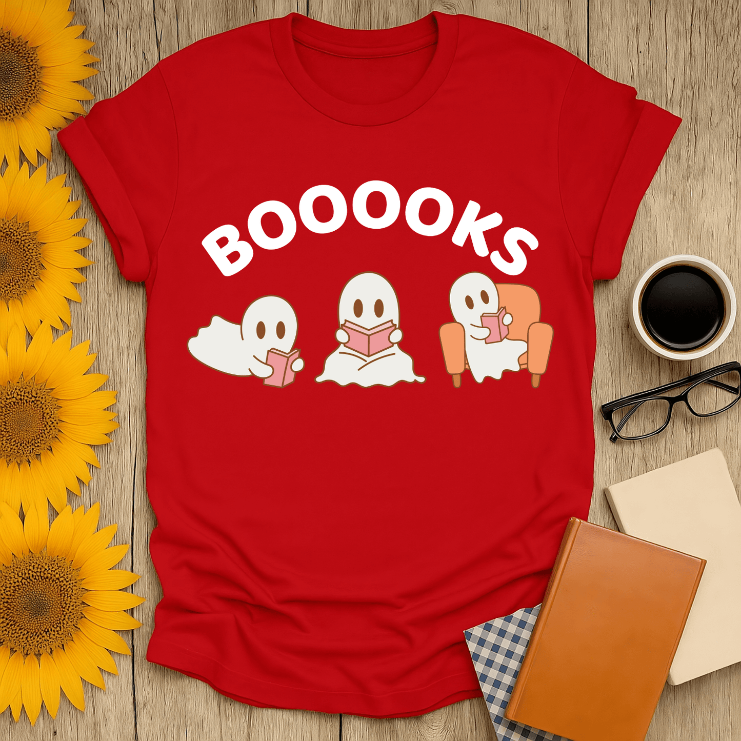 Booooks T-Shirt for book lovers featuring cute ghost designs, unisex fit, in red, perfect for cozy reading days.