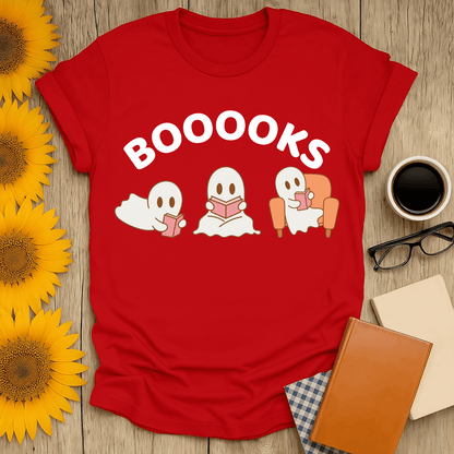 Booooks T-Shirt for book lovers featuring cute ghost designs, unisex fit, in red, perfect for cozy reading days.