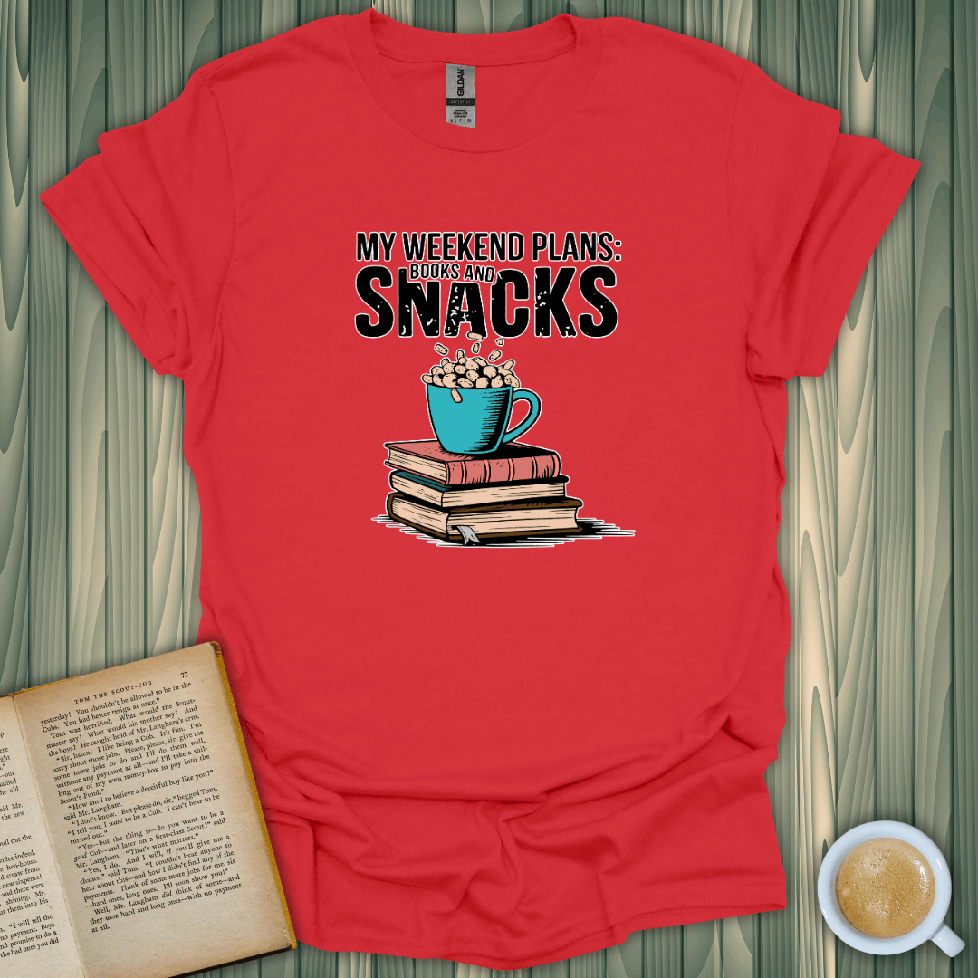 Weekend Vibes T-Shirt for book lovers featuring snacks and coffee graphic, perfect for cozy reading days.