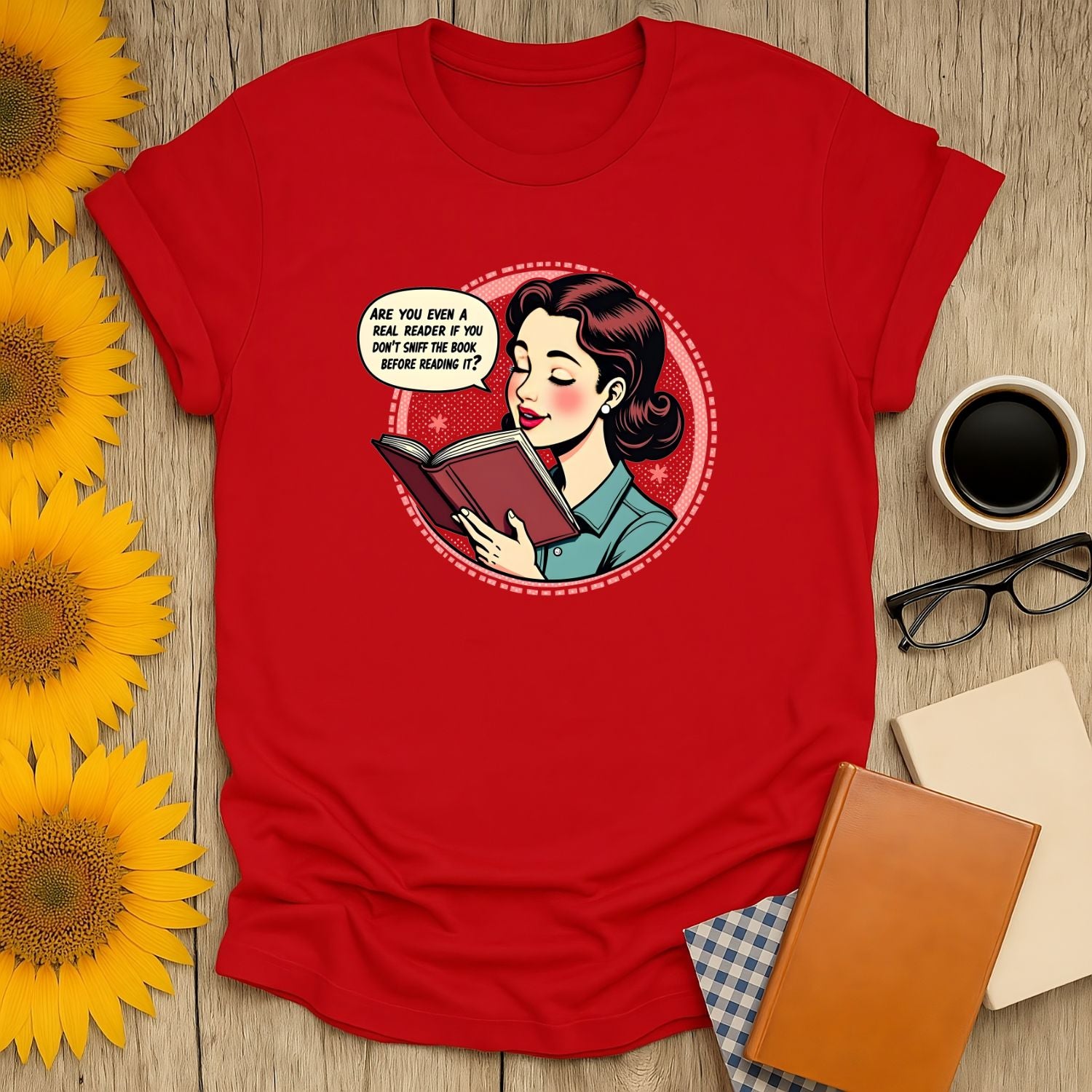 Funny reading tee with a woman contemplating a book, saying "Are you even a real reader if you don't taste it before reading it?" Perfect for book lovers!