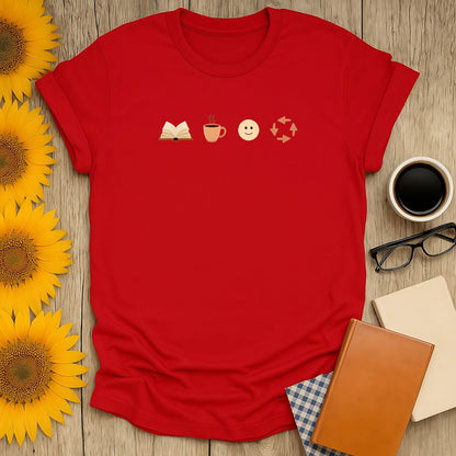 Cozy red t-shirt featuring book, coffee, smiley, and repeat graphics; perfect gift for cat-loving bookworms!