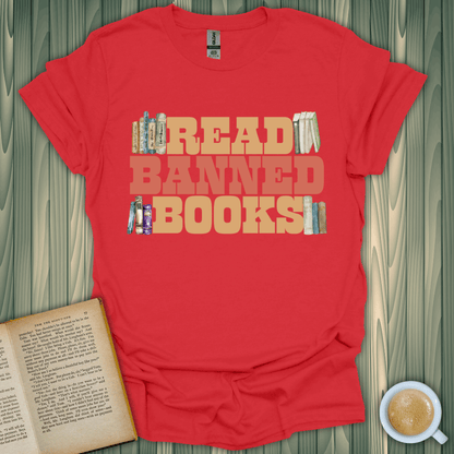 Read Banned Books T-Shirt in red, perfect for book lovers. Made of 100% cotton with premium screen printing.