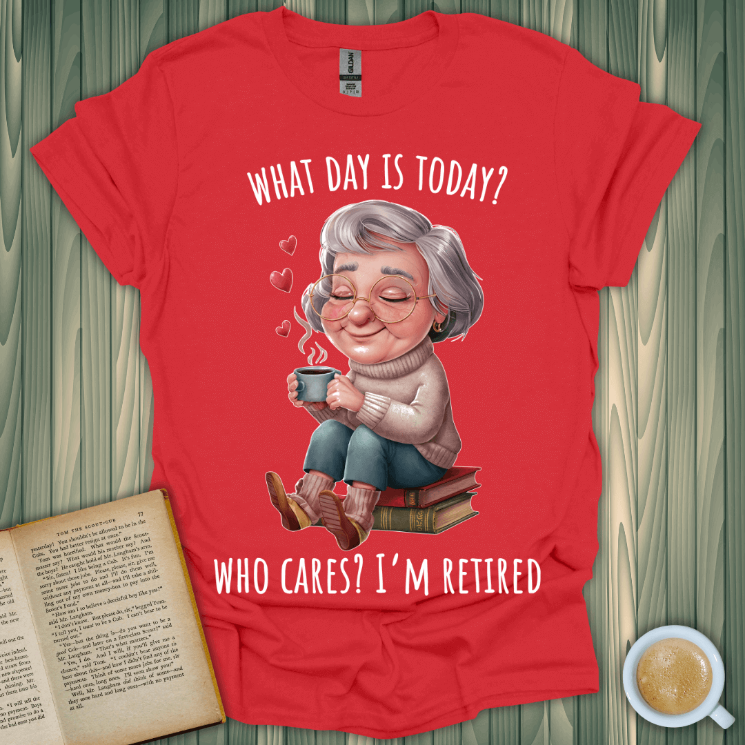 Retired & Relaxed T-Shirt for book lovers featuring cheerful grandma with coffee, perfect for comfy days.