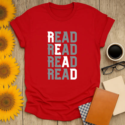Cozy red book lover shirt featuring stacked text 'READ' in playful fonts, perfect gift for readers, cats, and coffee lovers.