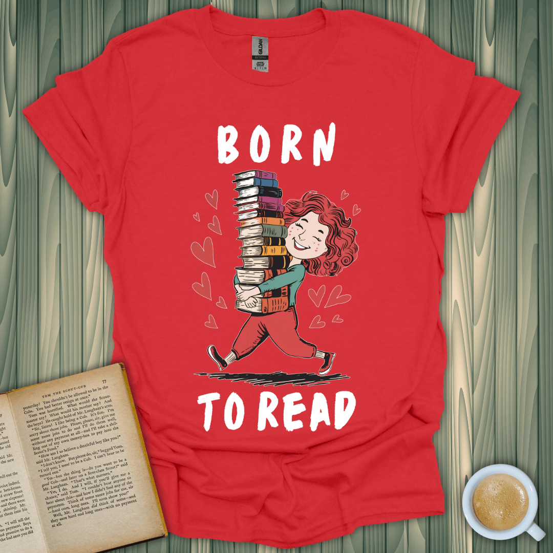 Bright red 'Born to Read' t-shirt design featuring a joyful character carrying books, perfect for book lovers.