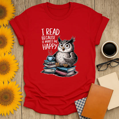 Happy Reader T-Shirt featuring an owl, perfect for book lovers. Soft cotton, vibrant print, ideal for casual wear.