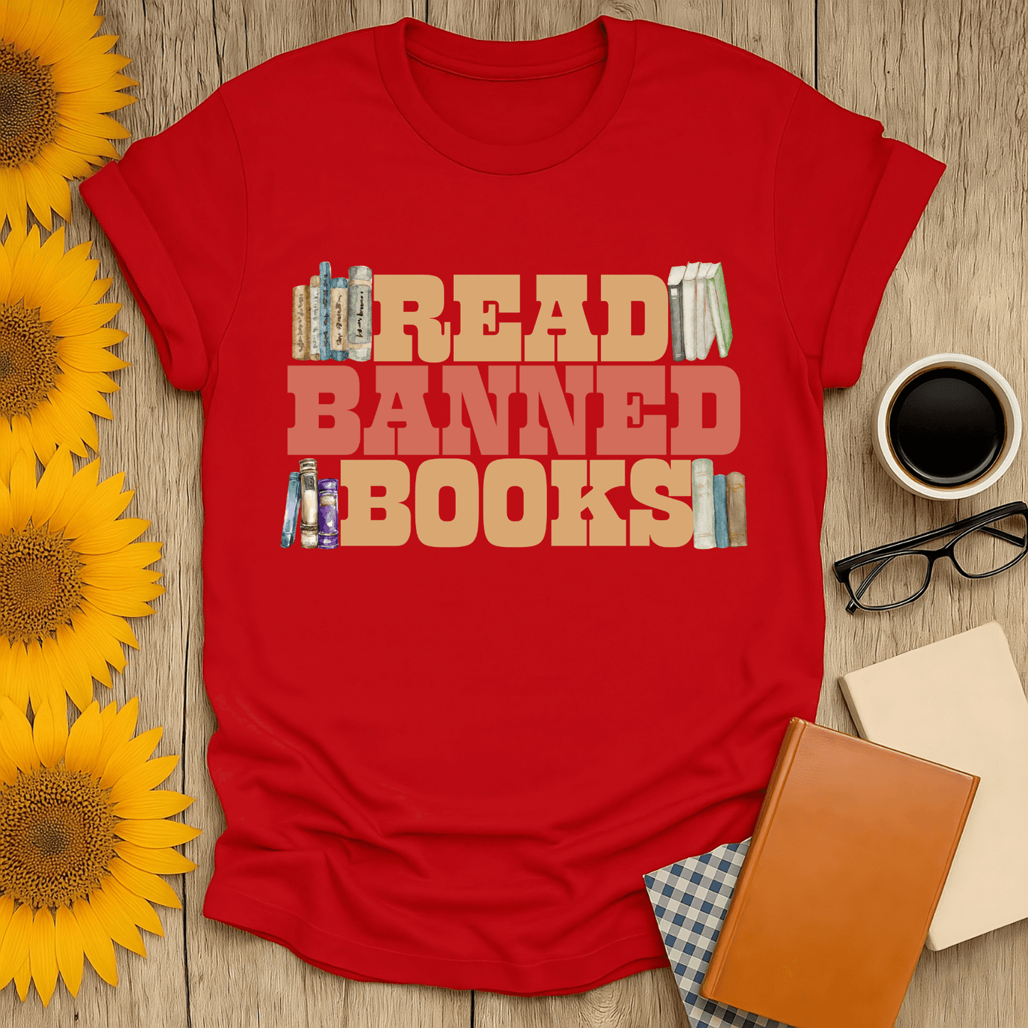 Read Banned Books T-Shirt, a book lover t-shirt in red, 100% cotton, perfect for promoting literacy and free expression.
