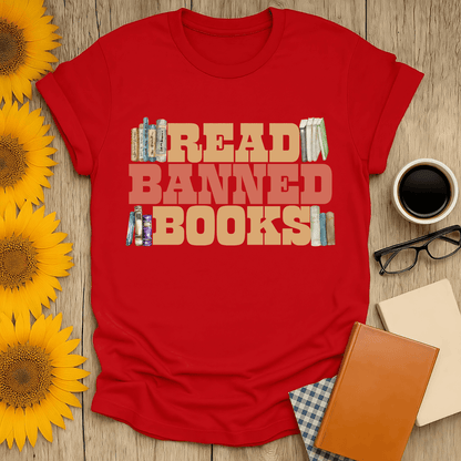 Read Banned Books T-Shirt, a book lover t-shirt in red, 100% cotton, perfect for promoting literacy and free expression.