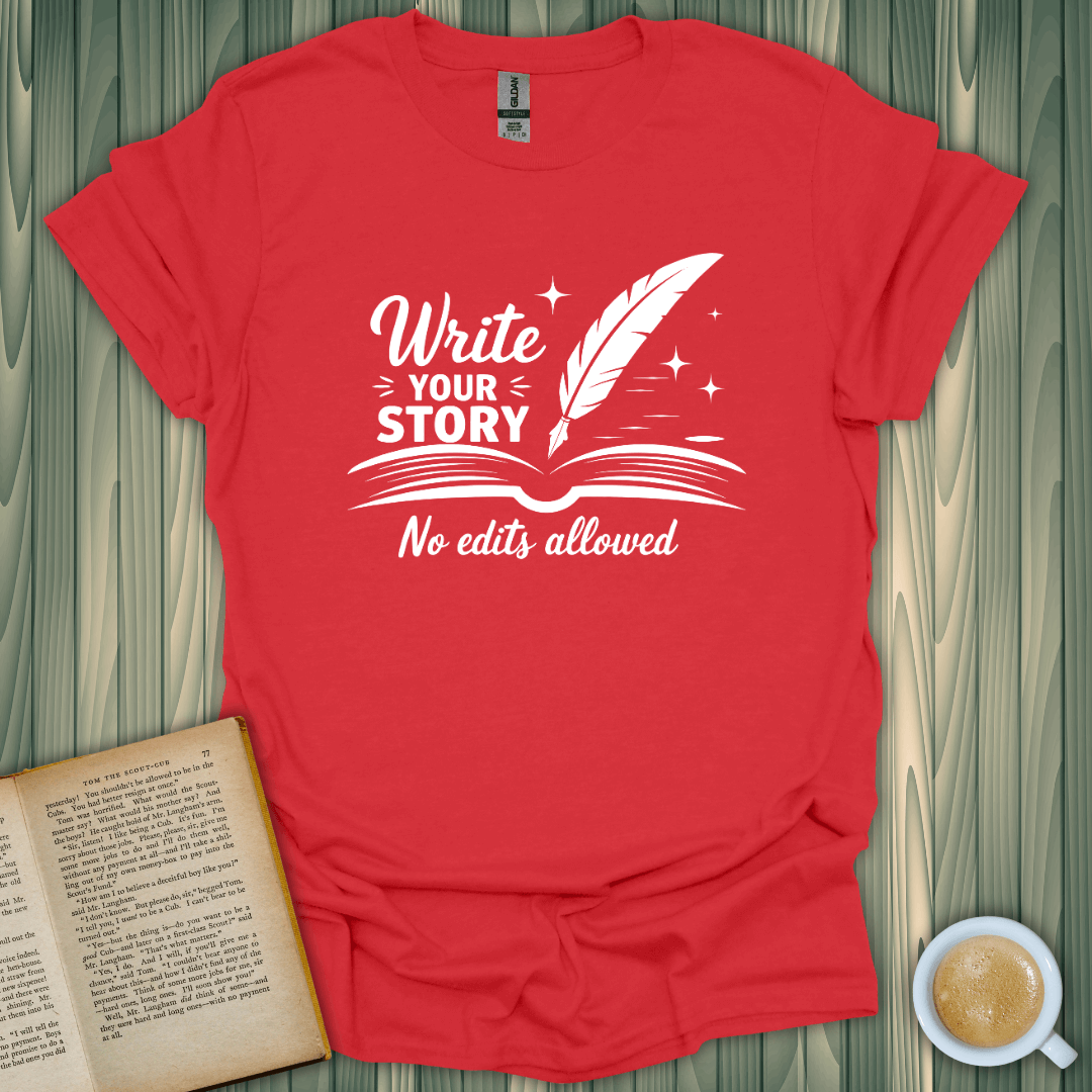 Red "Write Your Story" t-shirt with feather design and text, perfect for book lovers, made from 100% cotton.