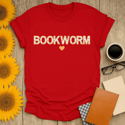 Floral Bookworm T-Shirt in red, perfect for book lovers, featuring premium screen-printed design.