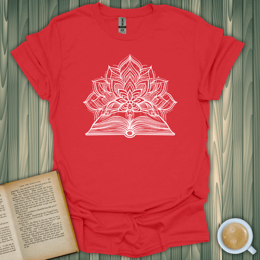 Red Path to Harmony T-Shirt with lotus and book design, perfect for book lovers. 100% ring-spun cotton, lightweight and breathable.