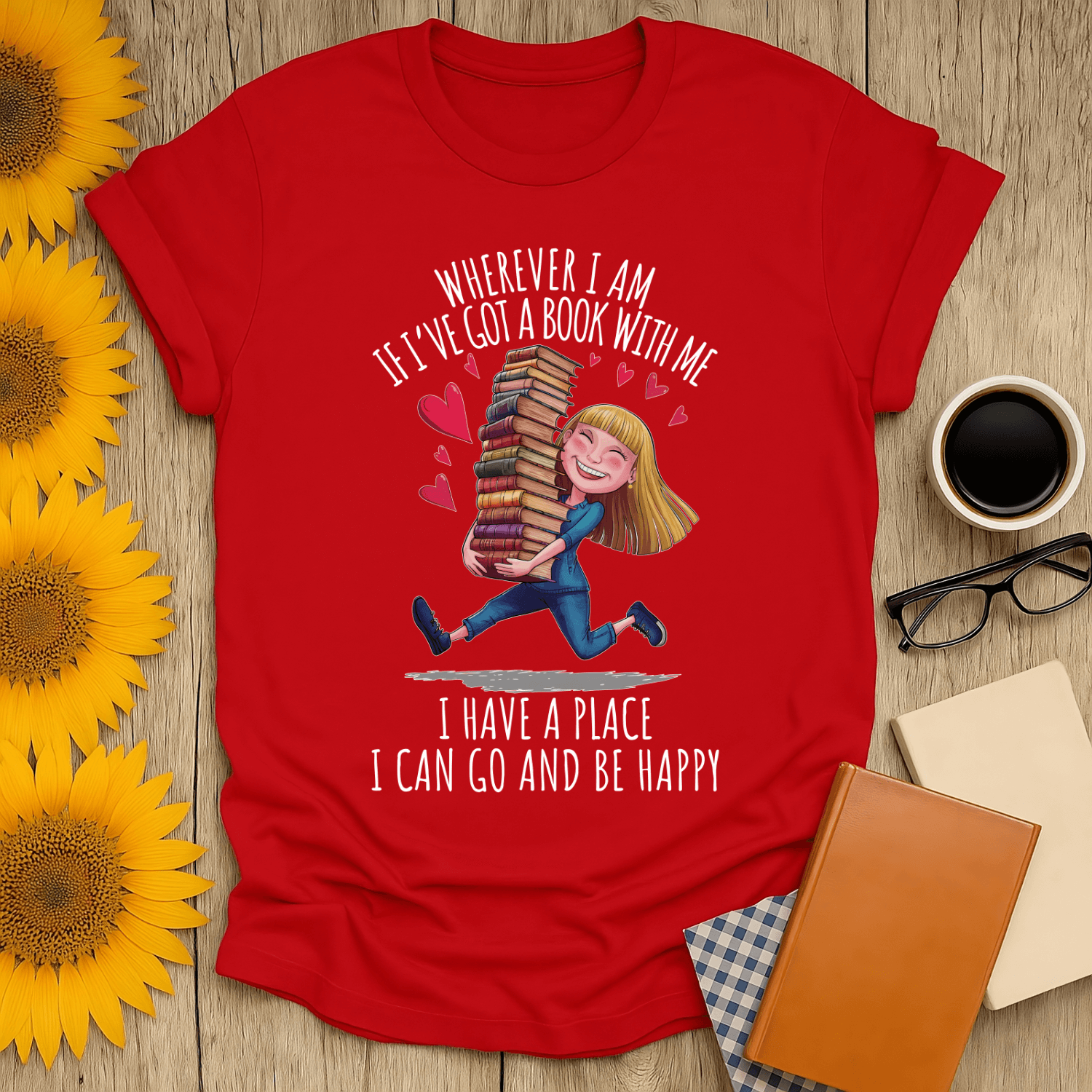 Red book lover t-shirt featuring a girl with stacked books and the phrase about happiness with books.