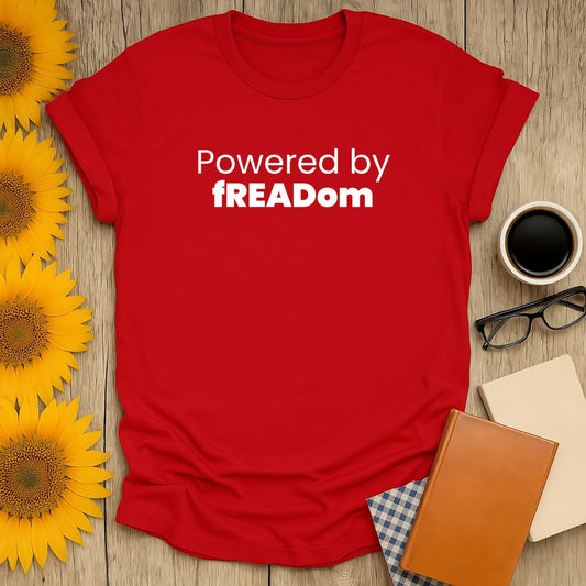 Red Powered by fREADom T-Shirt for book lovers, made of 100% ring-spun cotton with premium screen print.
