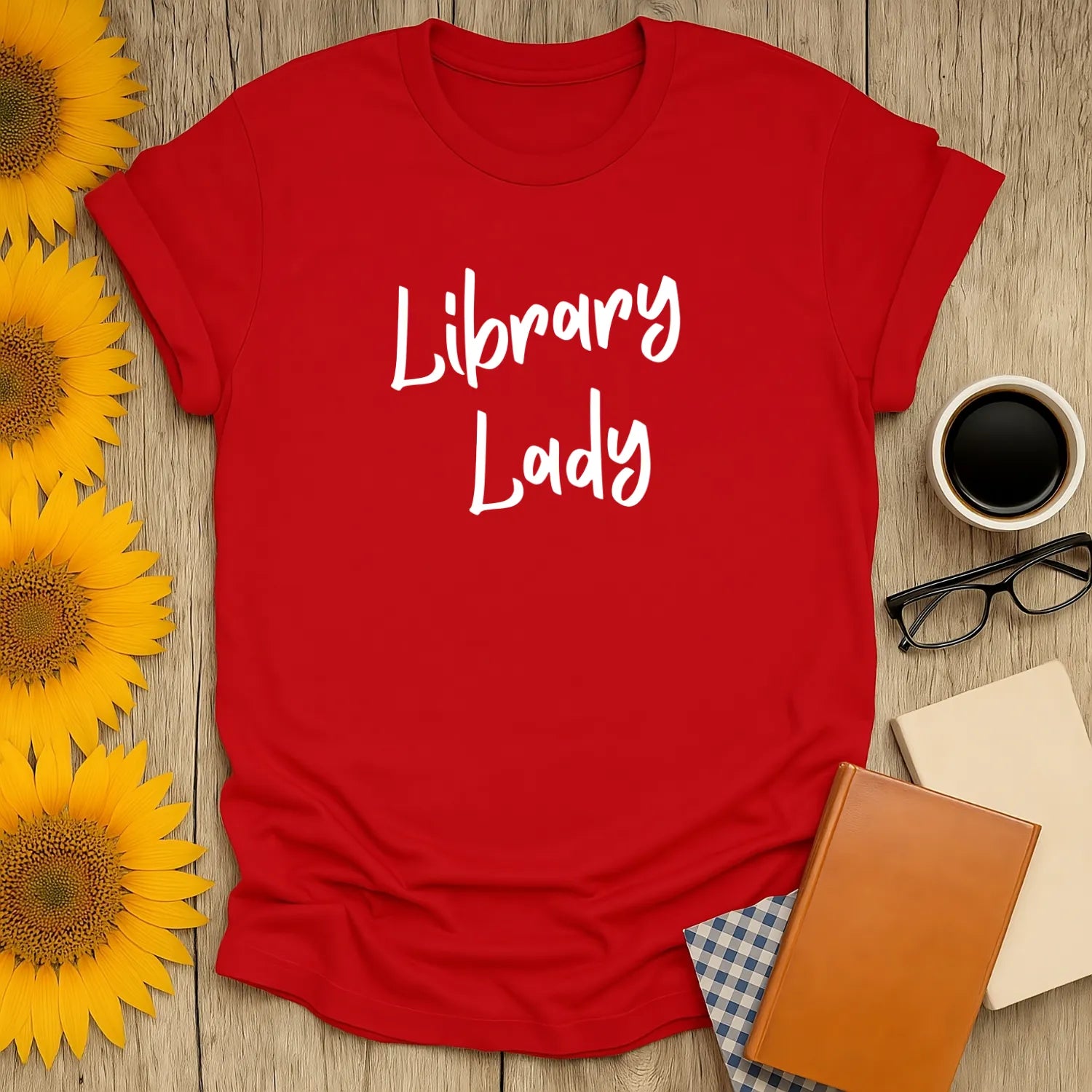 Red t-shirt with "Library Lady" text, perfect cozy book shirt for cat and coffee lovers, great gift for bookworms.