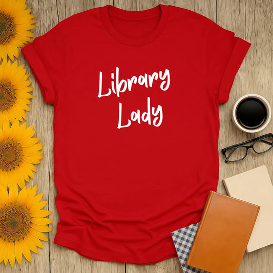 Red Library Lady T-Shirt for book lovers, made of soft cotton with a premium print, perfect for casual wear.