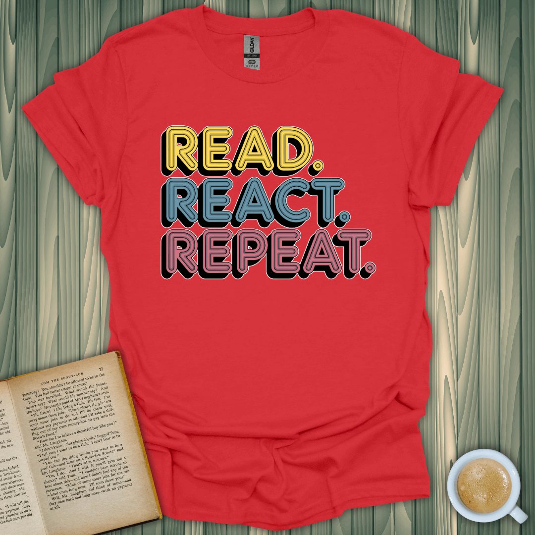 Bright red t-shirt with the slogan 'Read. React. Repeat.' perfect for book lovers, made from 100% cotton.