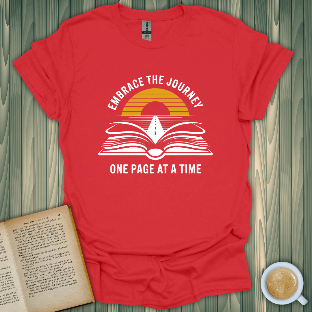 Embrace The Journey T-Shirt for book lovers, featuring a vibrant design with a book and sunset, perfect for any reader.