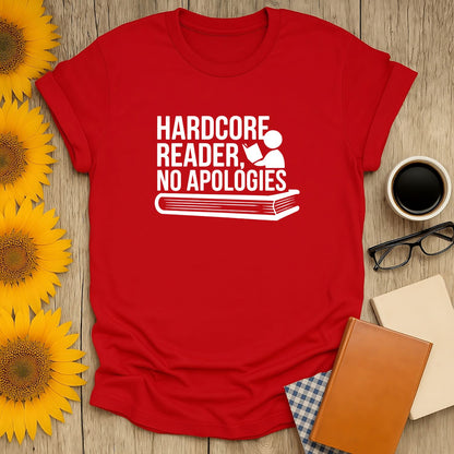 Bold red Hardcore Reader T-shirt with witty text and book illustration, perfect gift for cozy readers and book lovers.