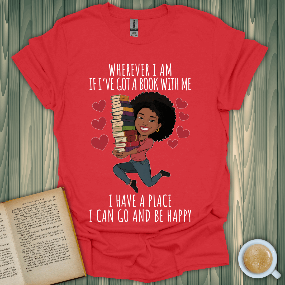 Book lover t-shirt featuring a cartoon character with books, celebrating passion for reading. Perfect for book enthusiasts.