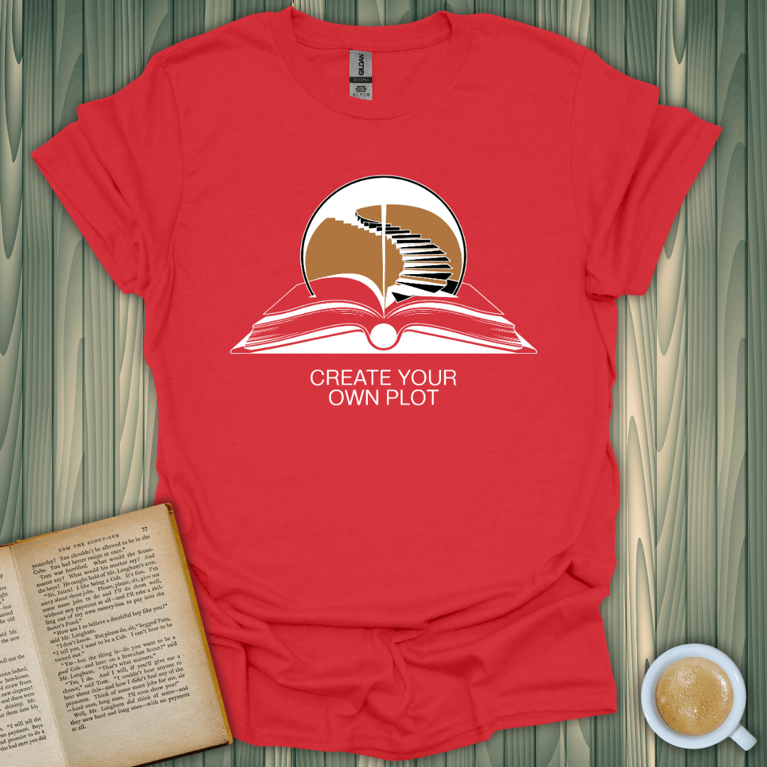 Red unisex t-shirt with 'Create Your Own Plot' graphic, perfect for book lovers and crafted from soft, breathable cotton.