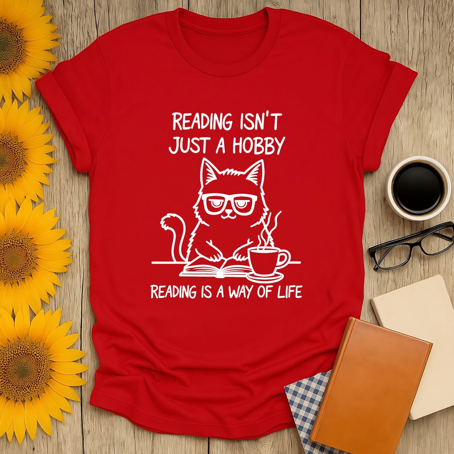 Reading isn't just a hobby cat t-shirt in red, celebrating book lovers with soft cotton design.