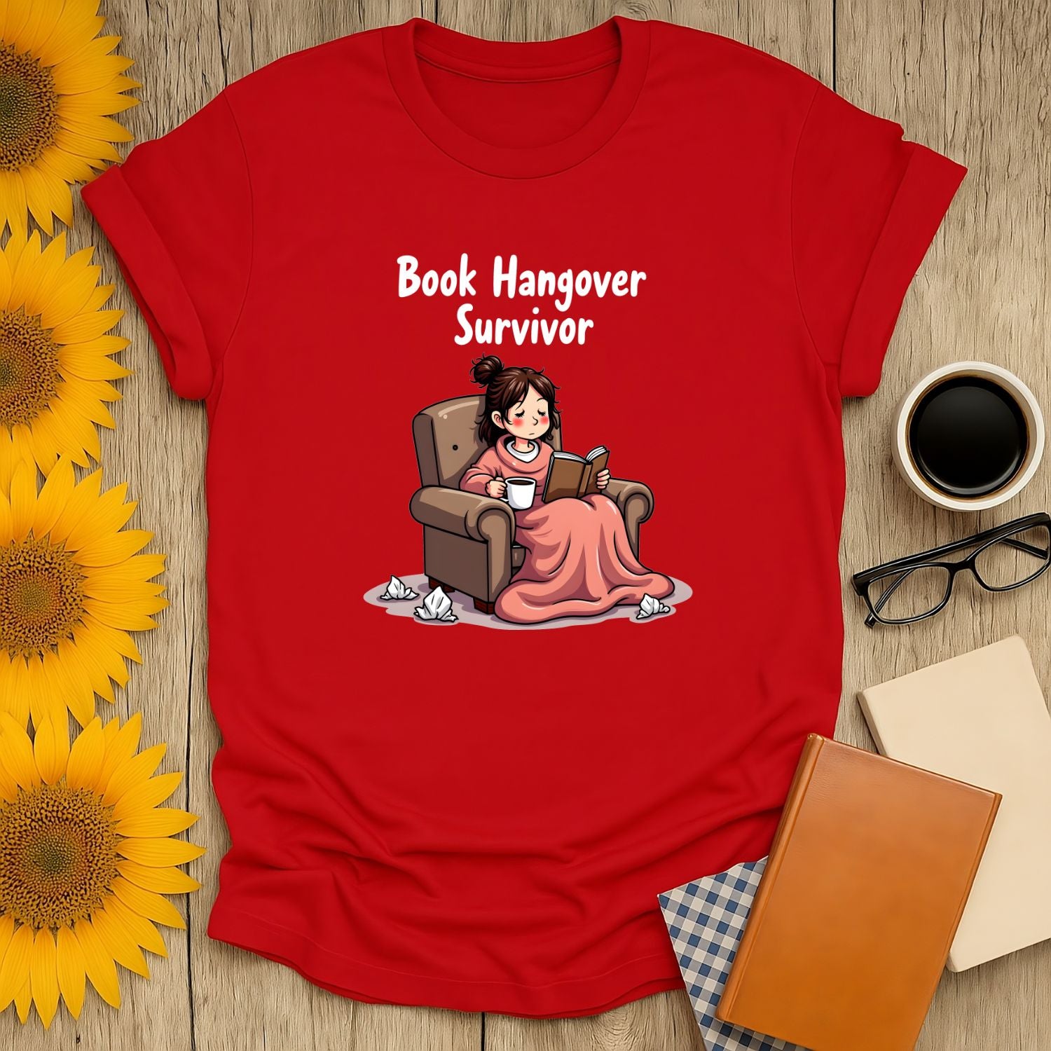 Red Book Hangover T-Shirt featuring a character relaxing in a chair, perfect for book lovers.