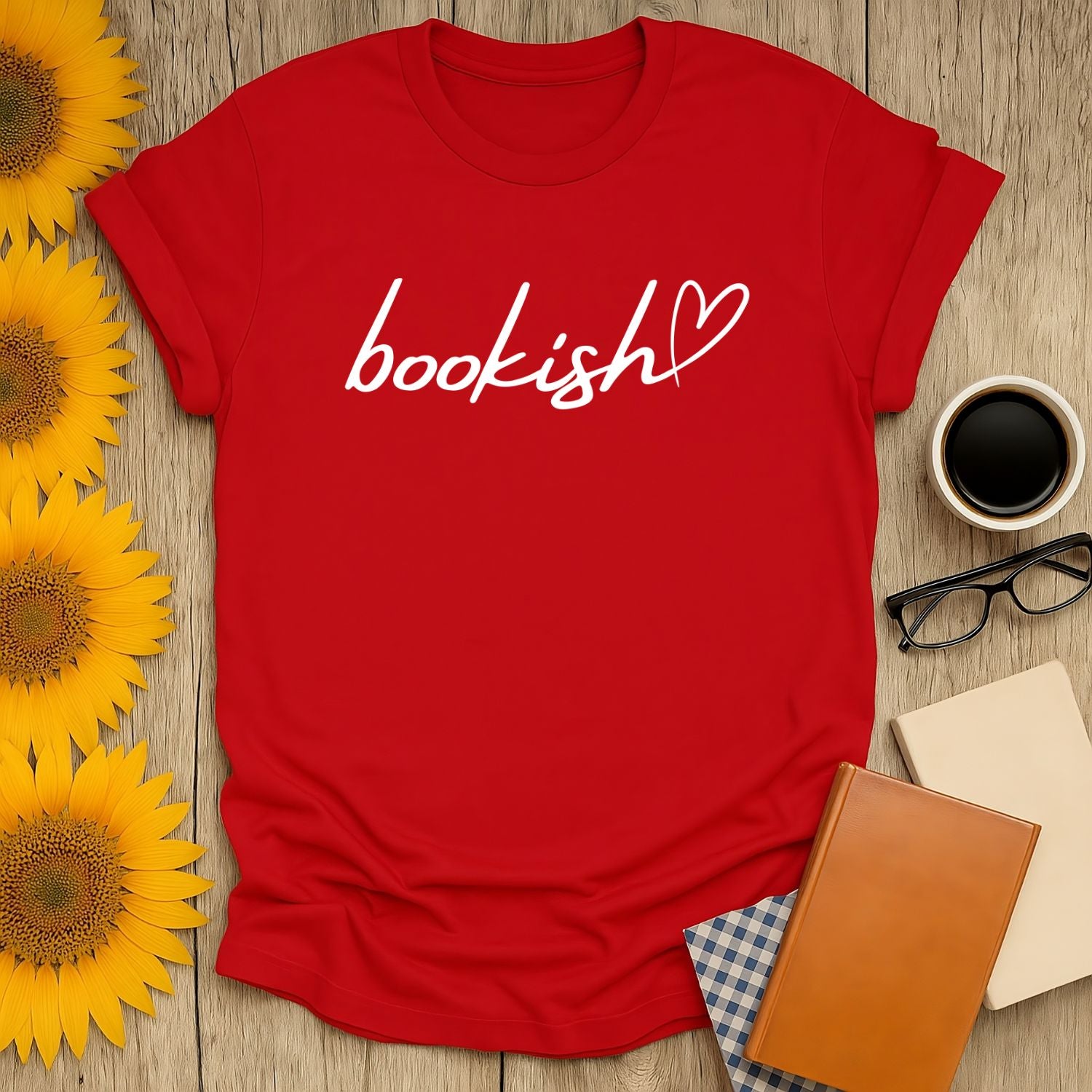 Bright red 'bookish' shirt with heart design, perfect gift for cozy book lovers, featuring fun literary humor.