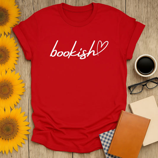Bright red 'bookish' shirt with heart design, perfect gift for cozy book lovers, featuring fun literary humor.