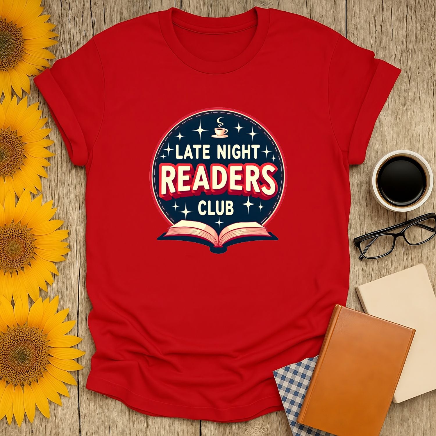 Late Night Readers Club shirt featuring a book and coffee, perfect for cozy book lovers and literary humor enthusiasts.