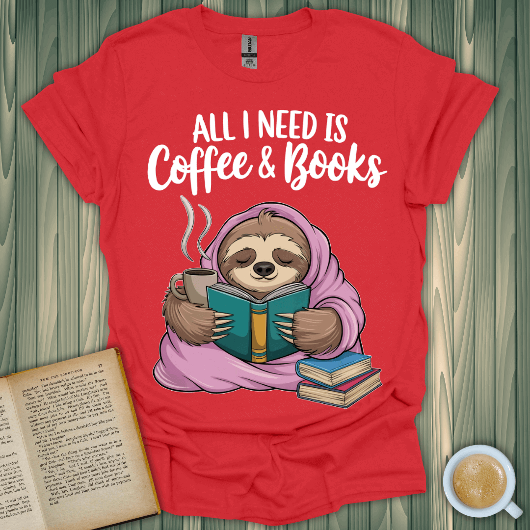 Funny Coffee & Books T-Shirt featuring a sloth, perfect for book lovers. 100% cotton, unisex fit, USA made.