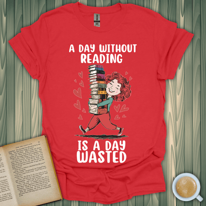 Read or Waste the Day t-shirt for book lovers, featuring a fun design with books and a cheerful reader.