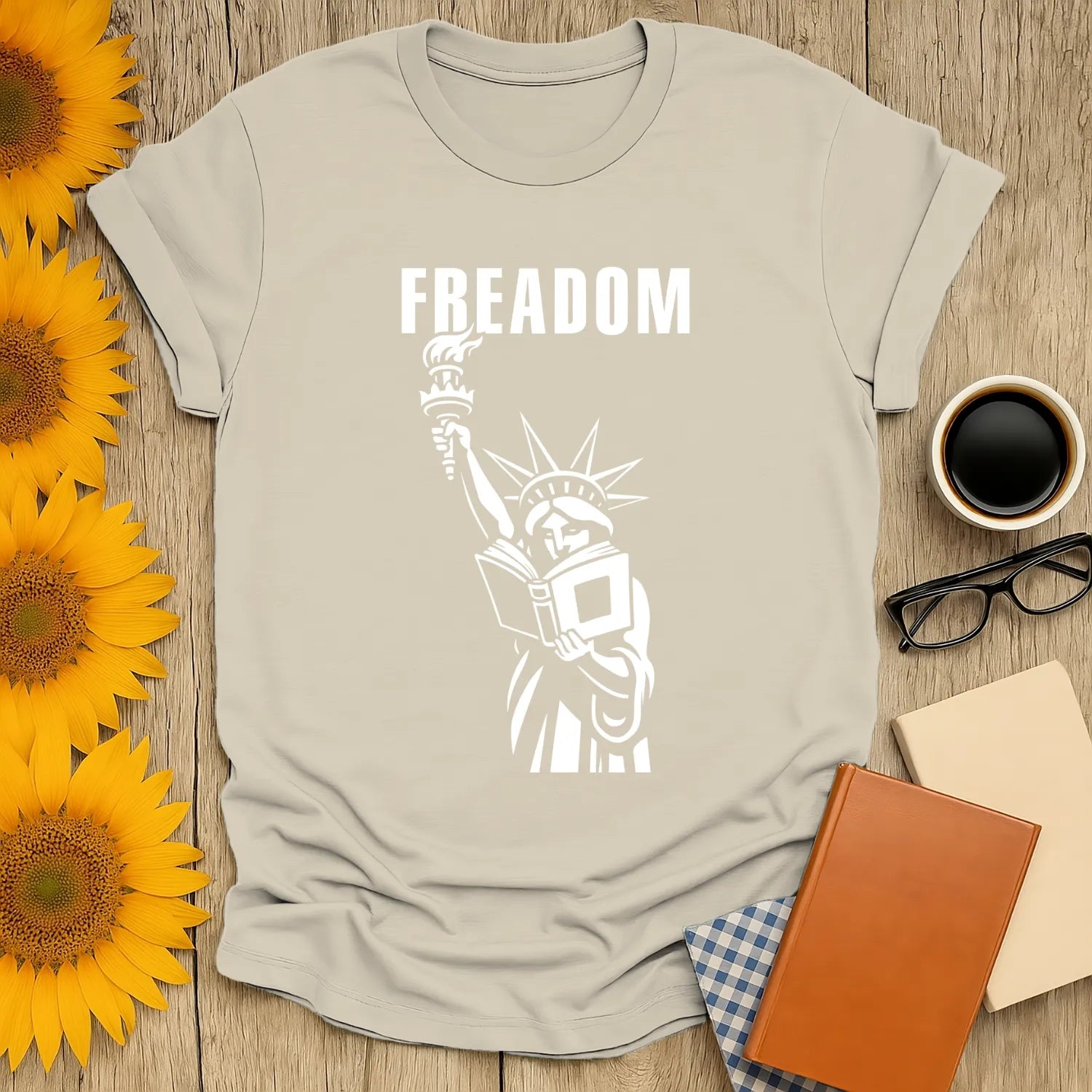 Freadom Statue T-Shirt featuring Lady Liberty reading—perfect gift for book lovers, cat fans, and cozy tea moments.