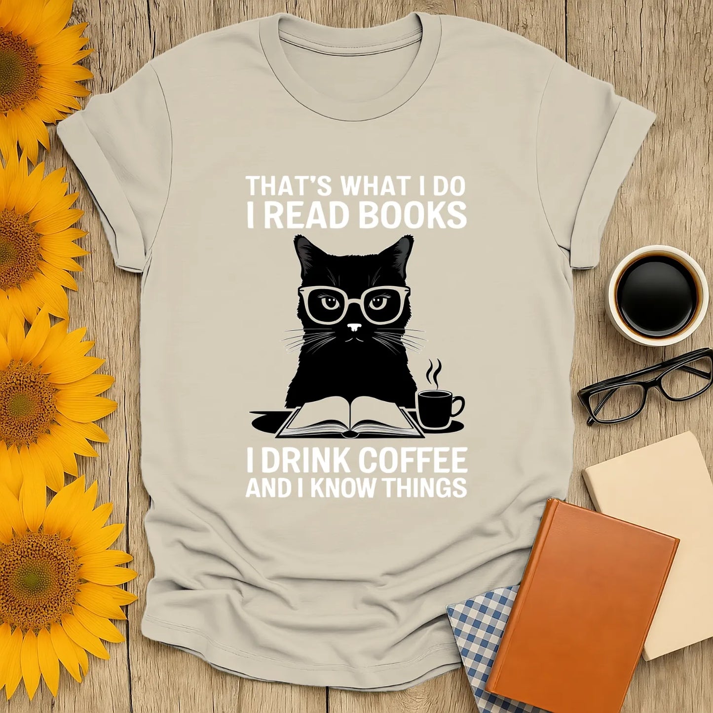 Funny cat reading shirt with glasses, coffee, and book graphic—perfect for book lovers and cozy readers.