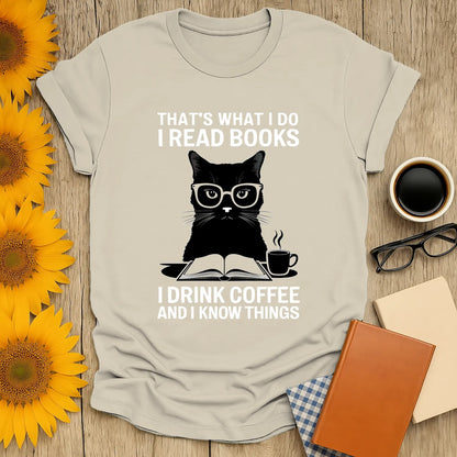 Funny cat reading shirt with glasses, coffee, and book graphic—perfect for book lovers and cozy readers.
