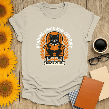 Funny cat reading shirt with text 'Reading Since Mid-Century', perfect gift for book lovers and cozy reading moments.