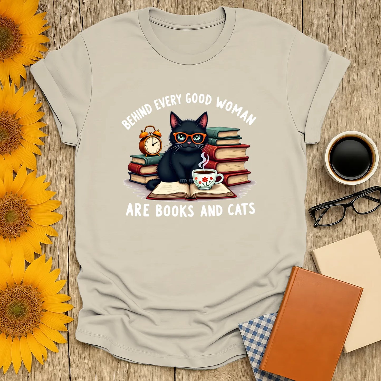 Funny reading tee featuring a black cat, books, and a cup of tea, perfect for book lovers and cozy readers.