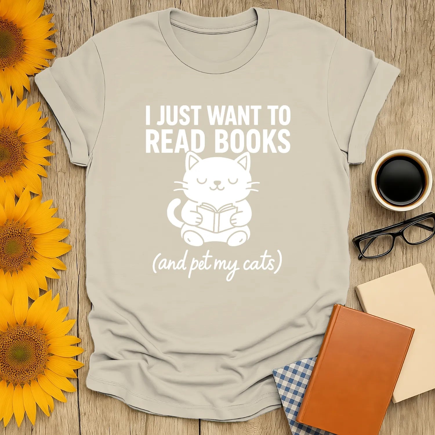 Just Read & Pet Cats T-Shirt showing a cute cat reading a book, perfect for cozy days with books and coffee. Ideal gift for book lovers.