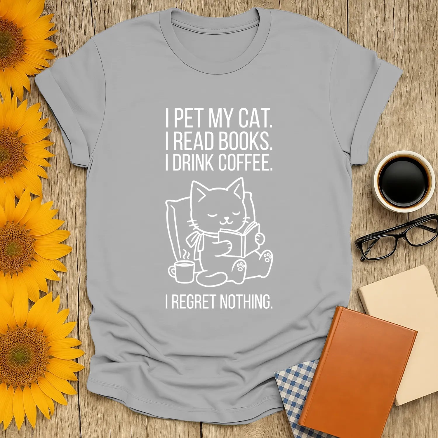 Funny reading tee with a sleepy cat, books, and coffee, perfect for book lovers and gifts for readers.