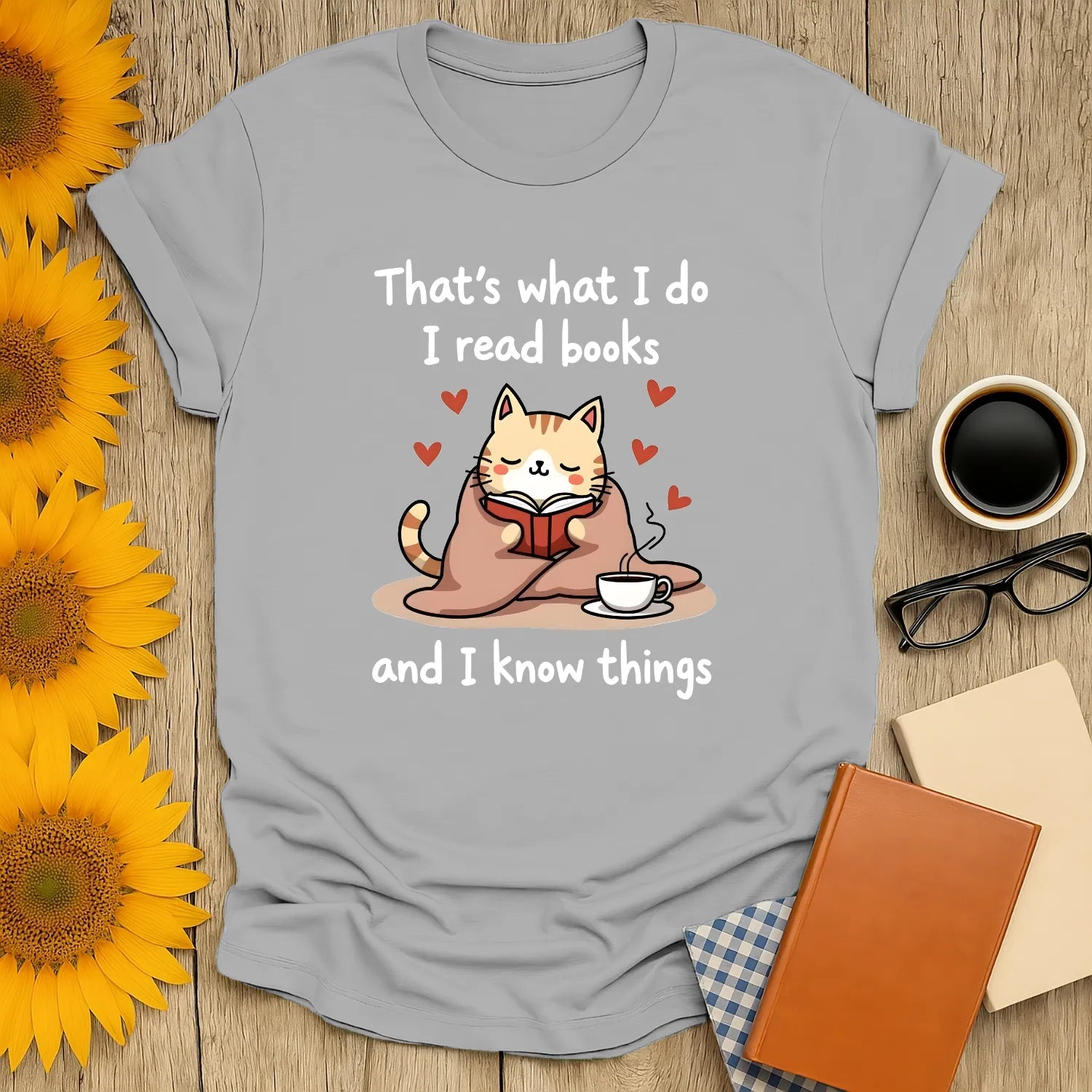 Funny reading tee featuring a cozy cat with a book and coffee, perfect for book lovers and gifts for readers.